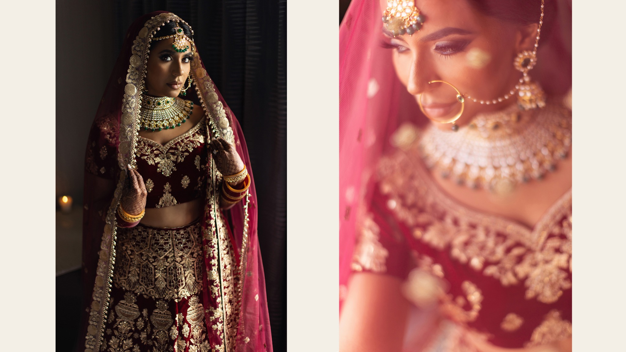 South Asian bride in a maroon embroidered bridal lehenga and traditional jewellery