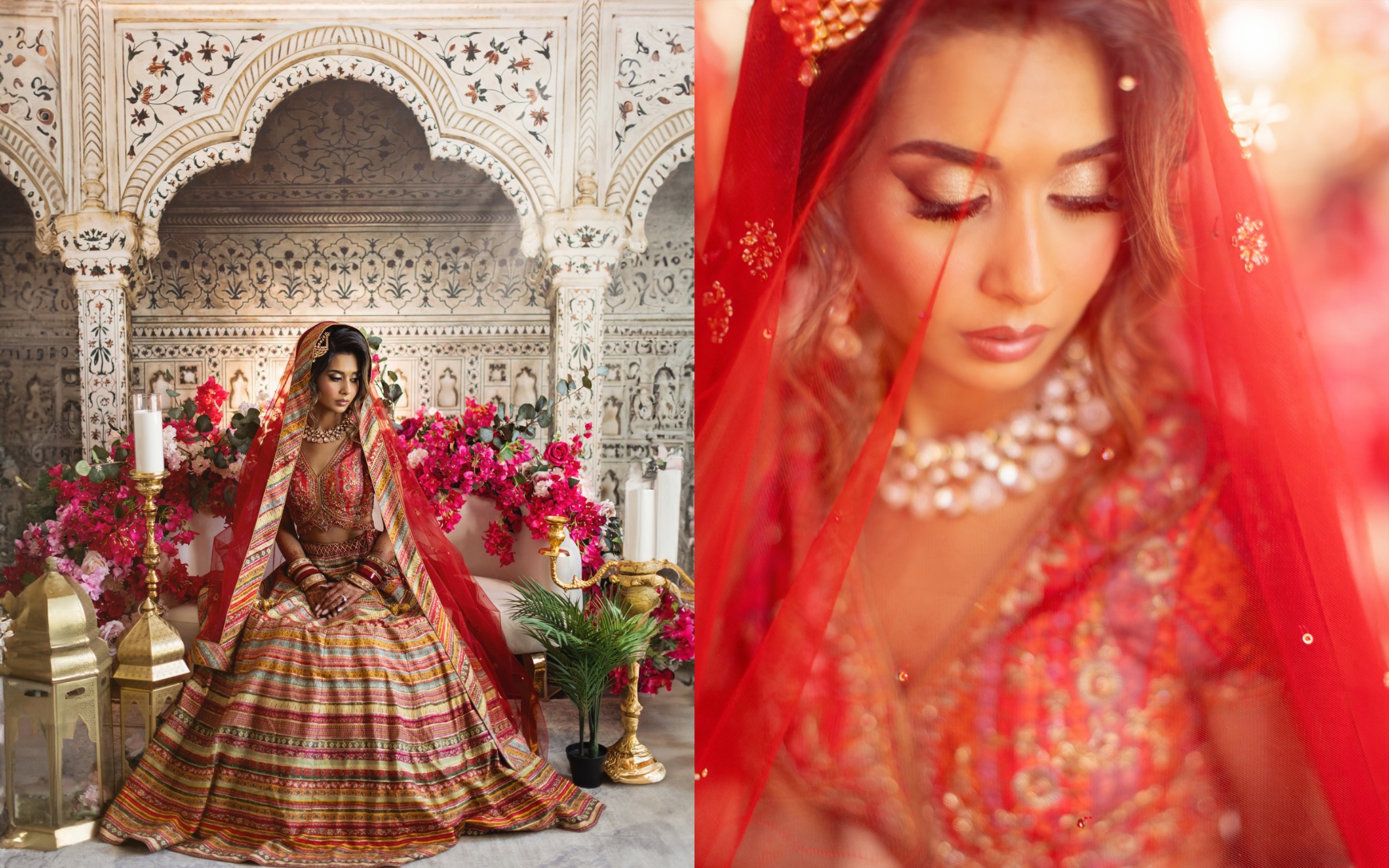 South Asian bride in a red embroidered lehenga seated beneath a floral wedding display